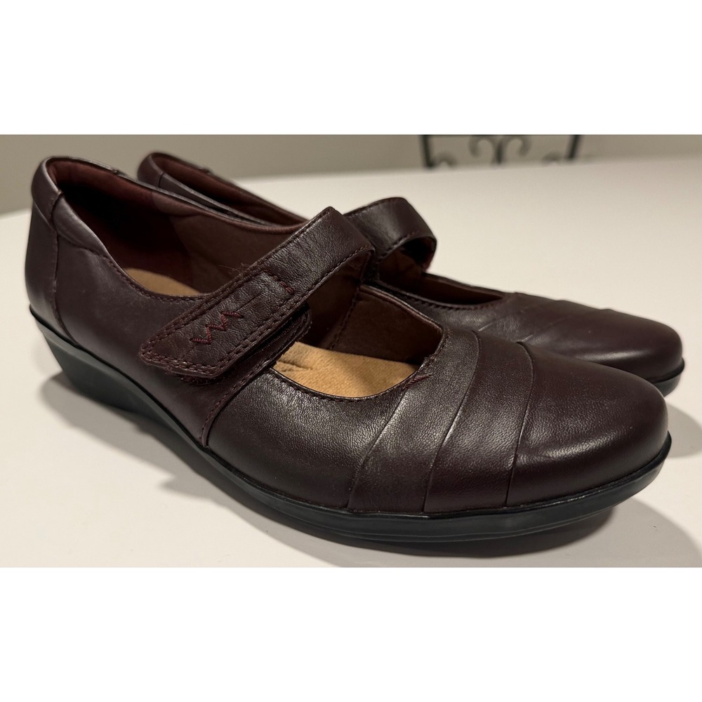 Clarks Collection Cheyn Madi Burgundy Leather Mary Jane Wedge Shoes US 8.5N